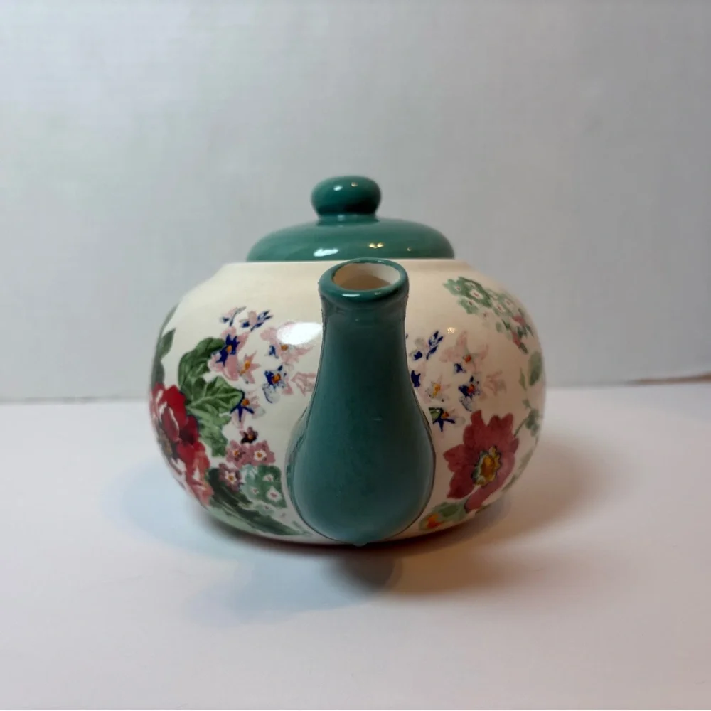 The Pioneer Woman Country Garden pattern ceramic teapot teal with floral design